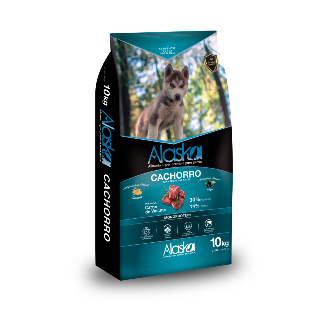 Alimento para perros Alaska cachorro en etapa de crecimiento, desde el destete hasta los 12 meses de edad.
