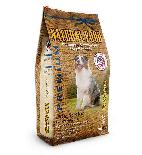Alimento premium Natural food senior para Perros de Raza Mediana y Raza Grande. Formulado para adultos de más de 7 años